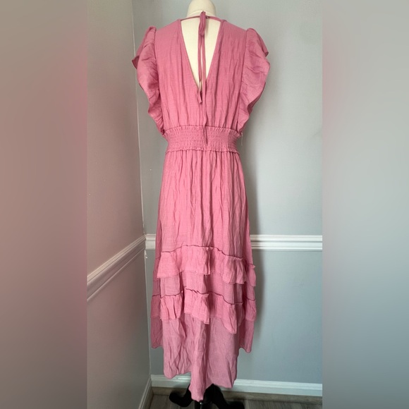J Gee Pink Tiered Maxi Ruffled V Neck Dress Short Sleeve Boho Cottagecore 1X - Picture 4 of 8